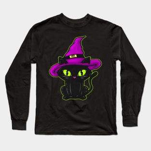 Cute Black Cat With Witch Hat For Halloween Long Sleeve T-Shirt